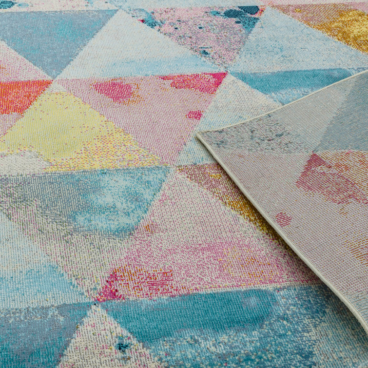 Ebern Designs Varasteh Triangles Flatweave Blue/Pink/Yellow Rug